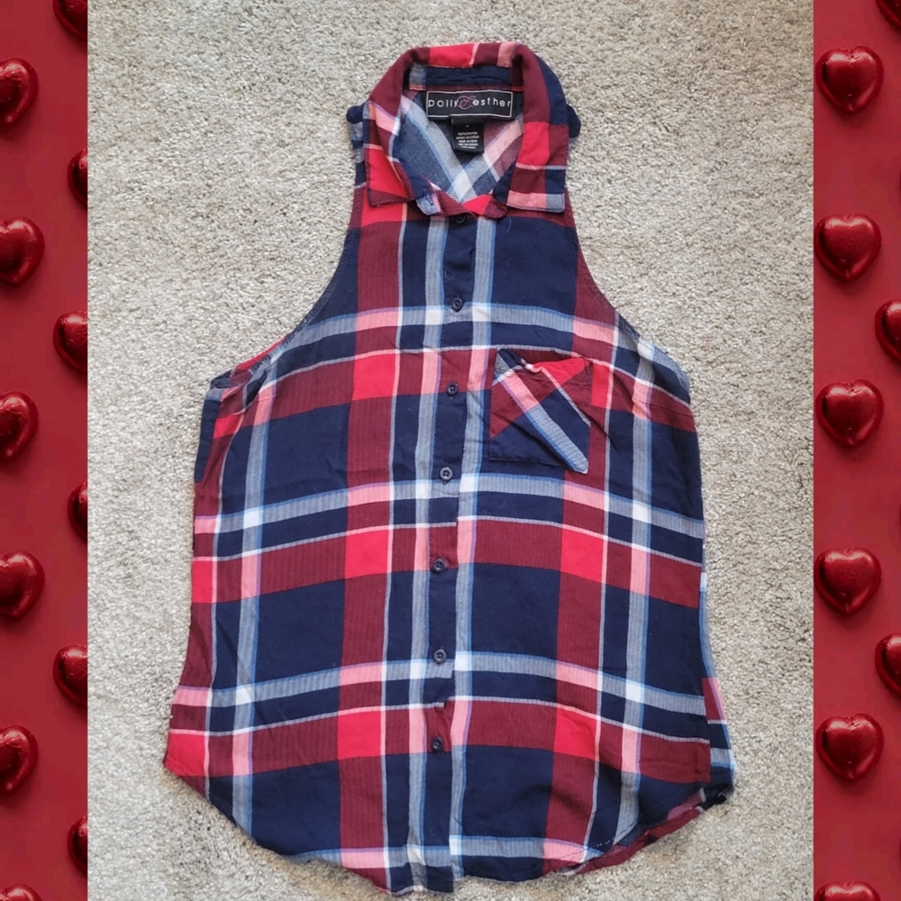 Womens Sleeveless Plaid Button Up Shirt